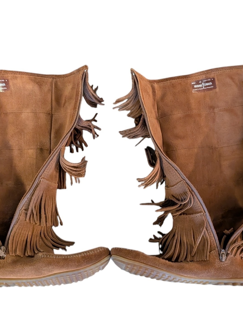 Minnetonka Brown Suede Knee-High 5 Layer Fringe Moccasin Boots - Picture 13 of 13